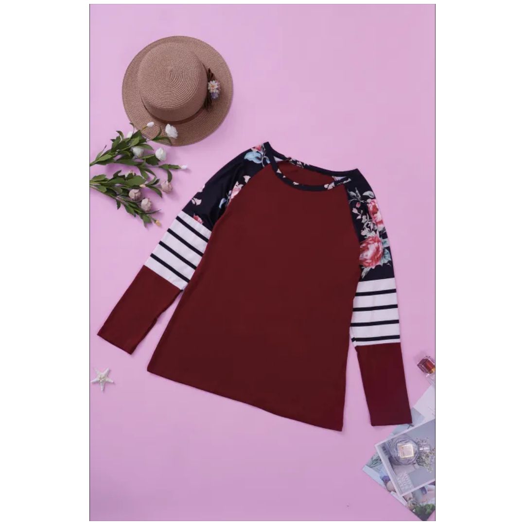 Mfed Red Striped Floral Long Sleeve Top
