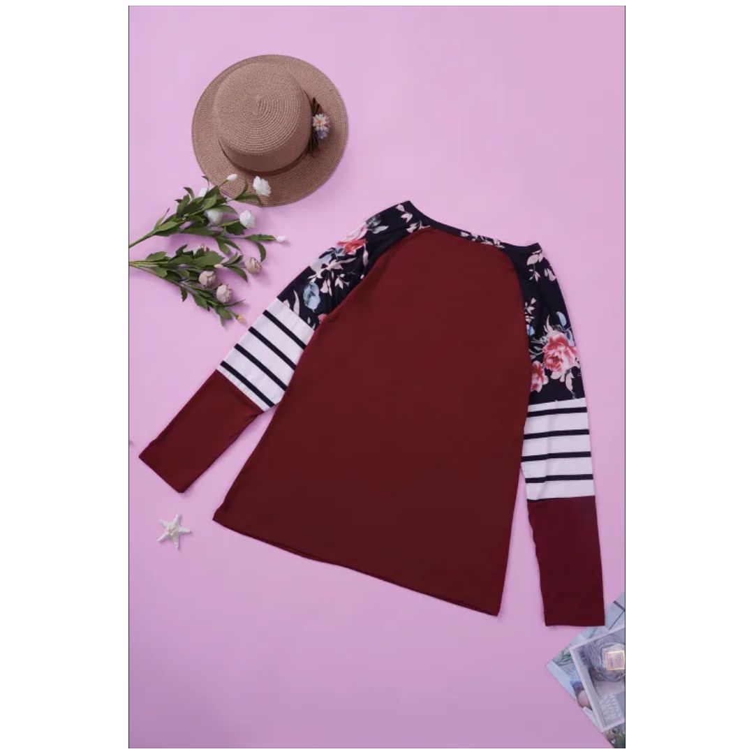 Mfed Red Striped Floral Long Sleeve Top