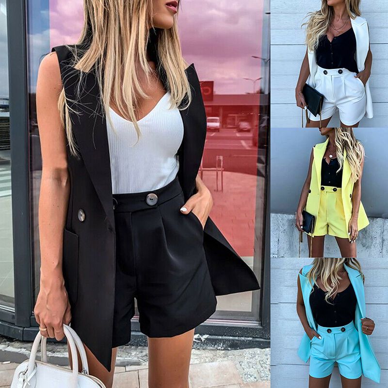 (White)Women Two-Piece Suit Waistcoat And Shorts Set Solid Color Vest Coat Single Button Yellow Sleeveless Blazers With Shorts Suit GRE