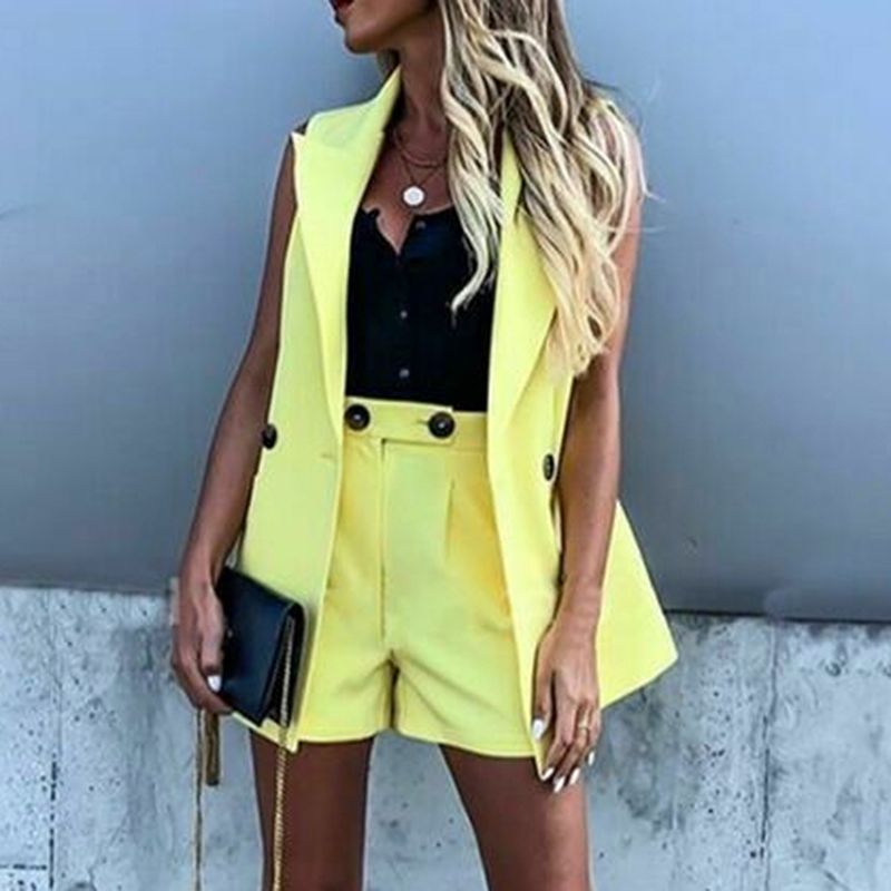 (White)Women Two-Piece Suit Waistcoat And Shorts Set Solid Color Vest Coat Single Button Yellow Sleeveless Blazers With Shorts Suit GRE