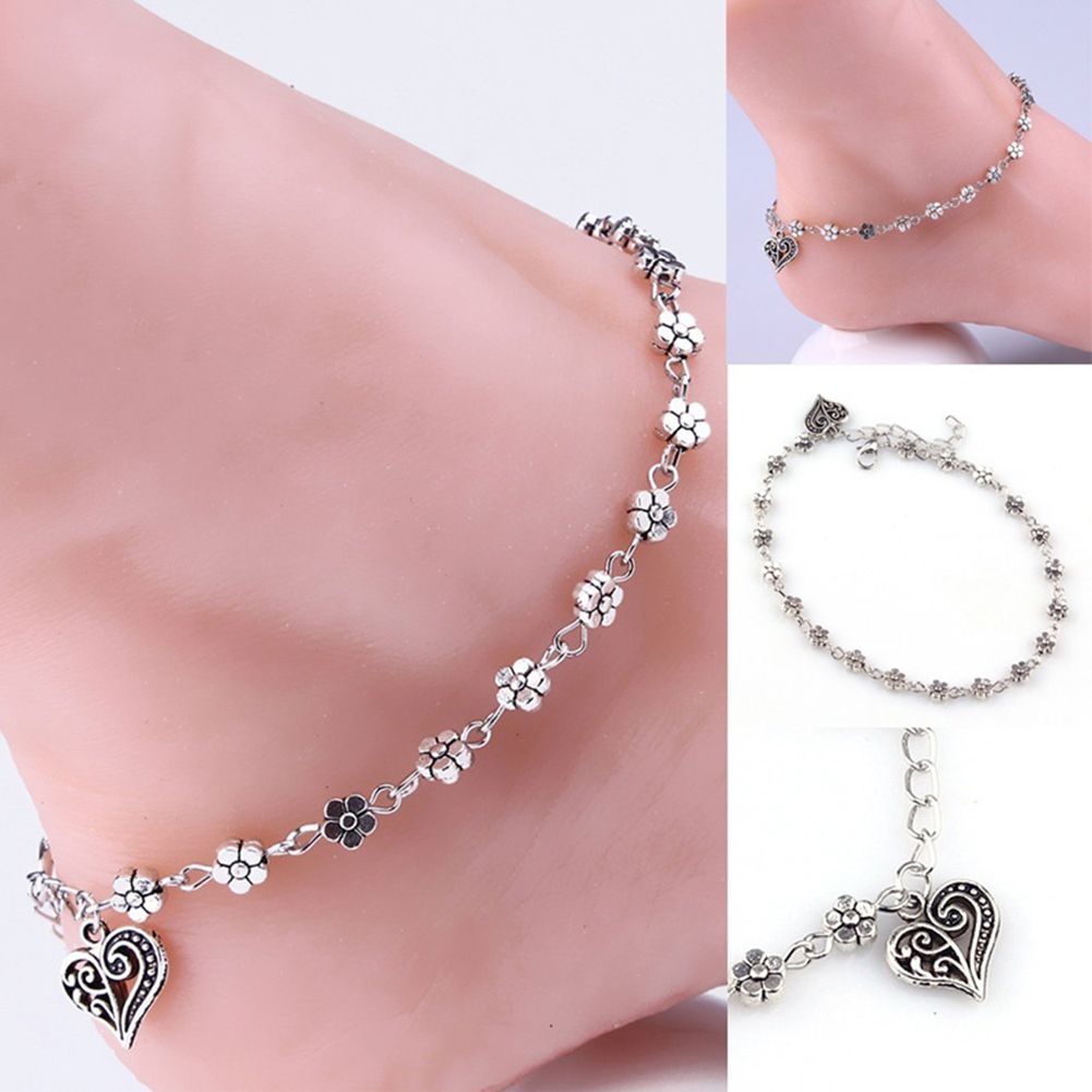 Women Retro Alloy Flower Bead Chain Anklet Barefoot Sandal-