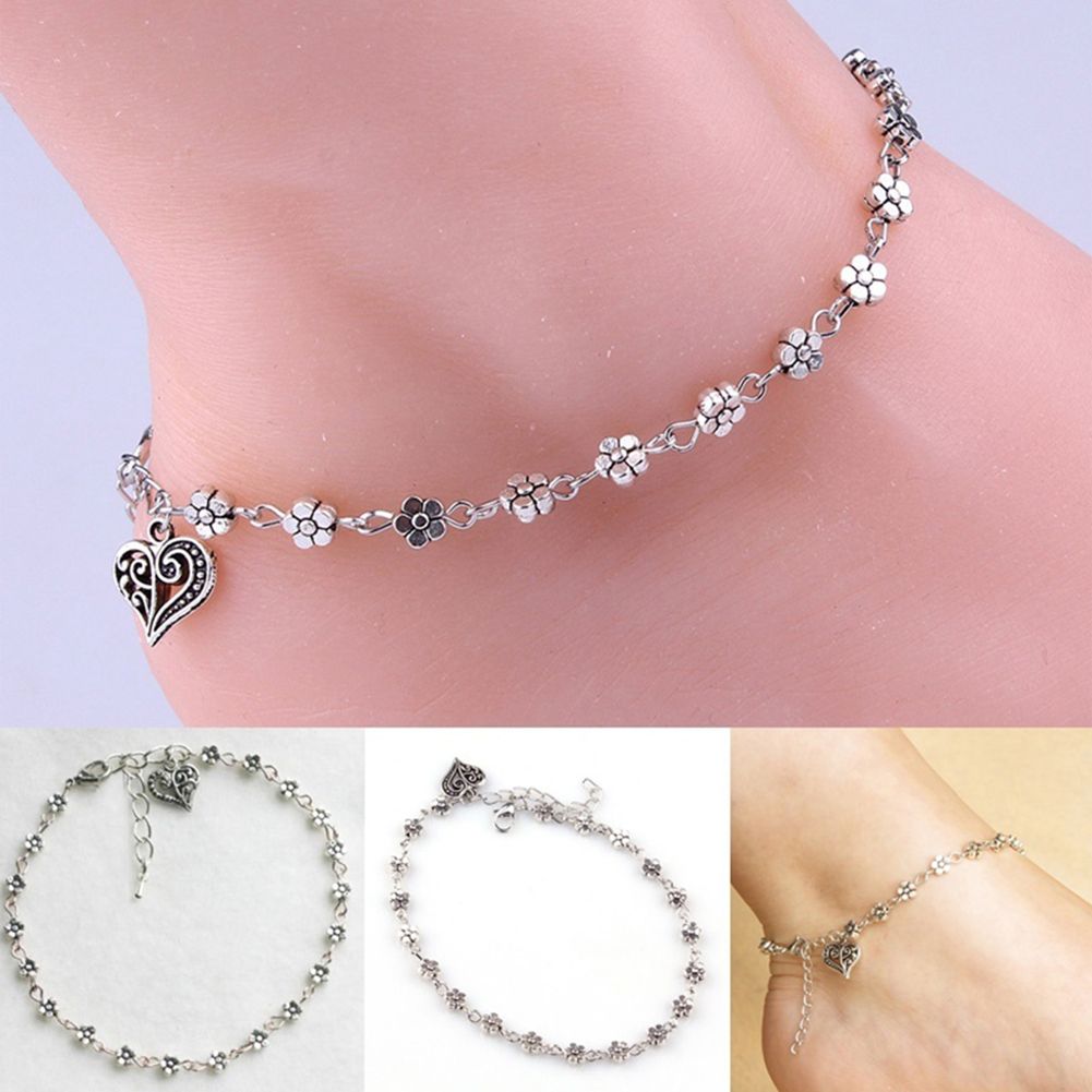 Women Retro Alloy Flower Bead Chain Anklet Barefoot Sandal-