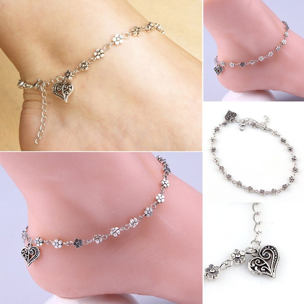 Women Retro Alloy Flower Bead Chain Anklet Barefoot Sandal-