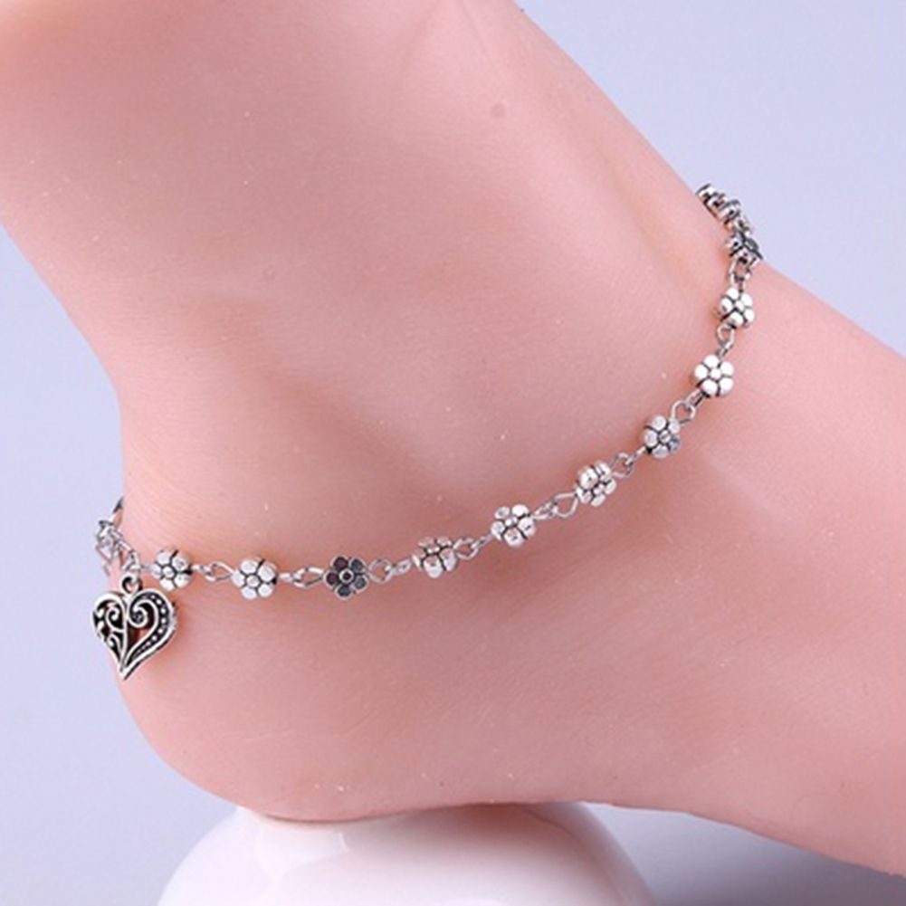 Women Retro Alloy Flower Bead Chain Anklet Barefoot Sandal-