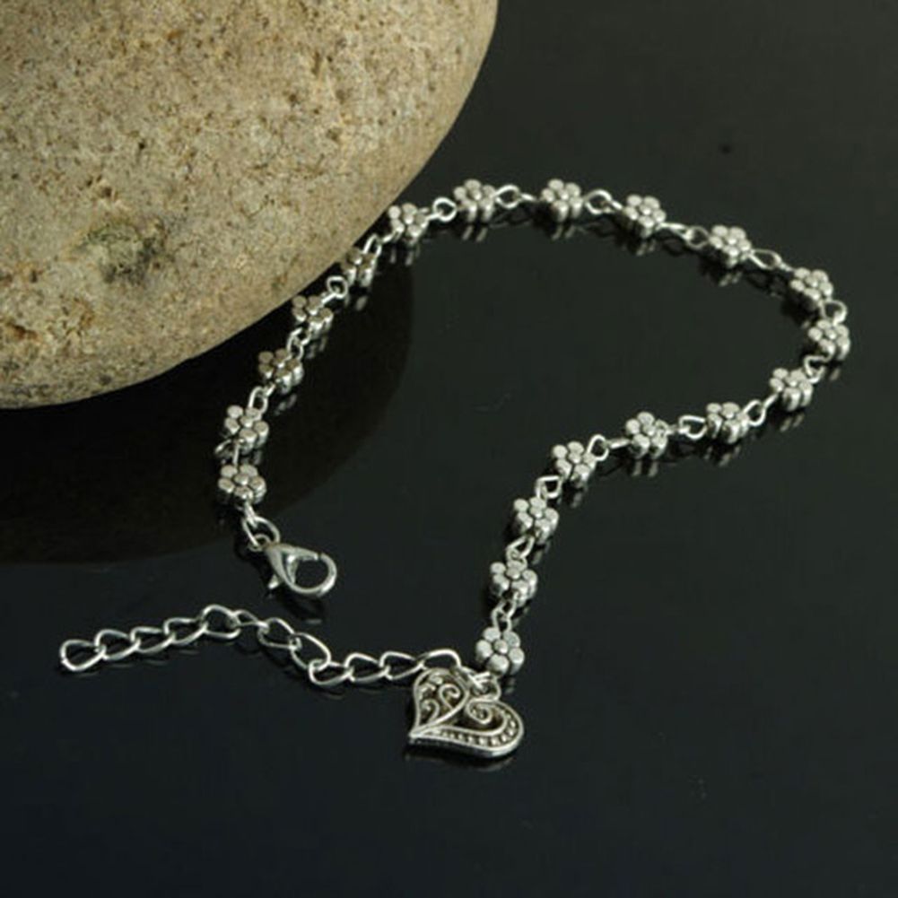 Women Retro Alloy Flower Bead Chain Anklet Barefoot Sandal-