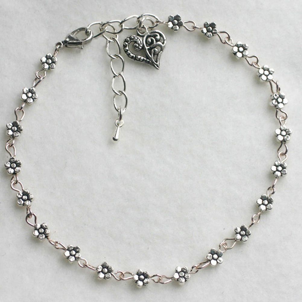Women Retro Alloy Flower Bead Chain Anklet Barefoot Sandal-