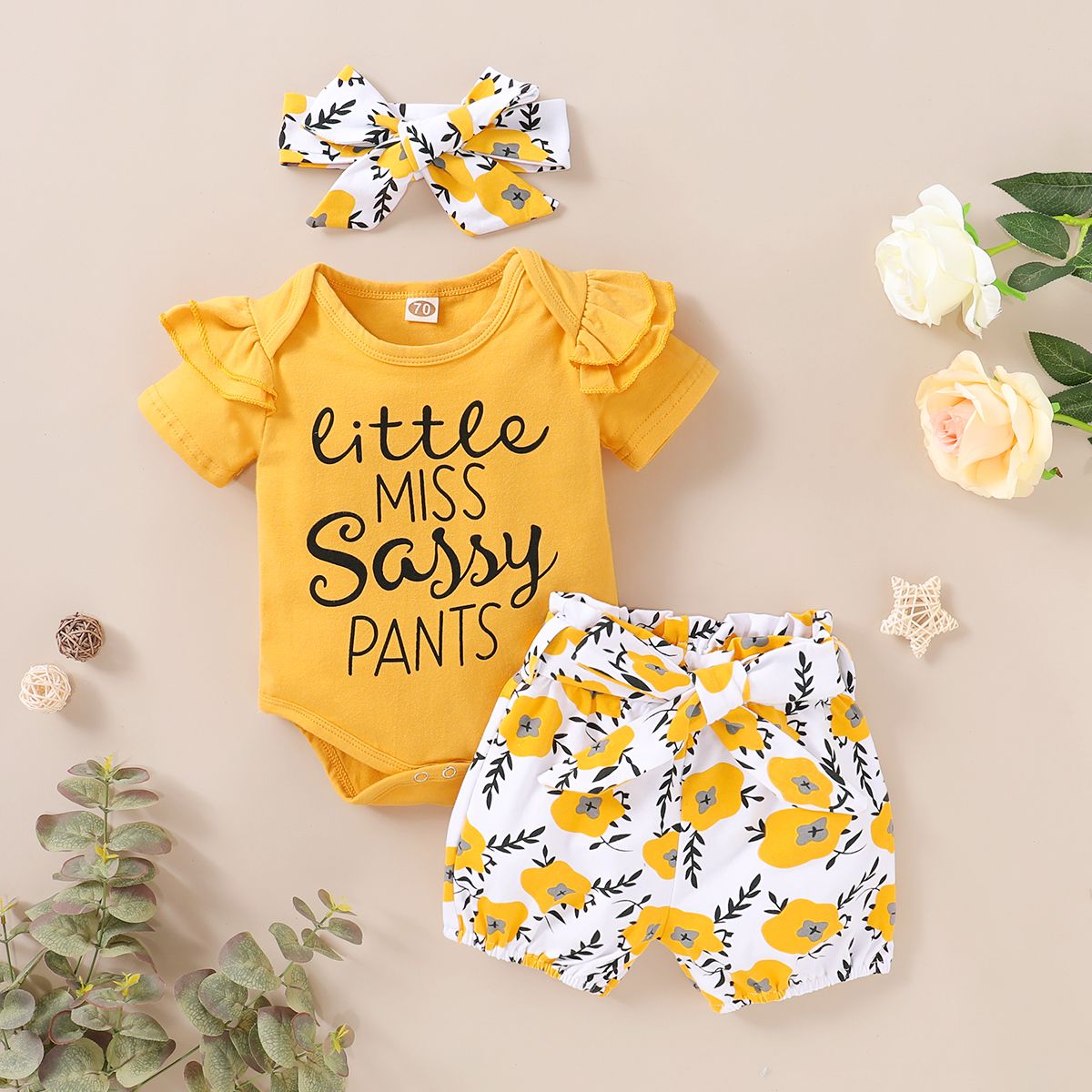 Newborn Baby Girls Outfit Letter Print Short Sleeve Bodysuit + Floral Shorts + Headband