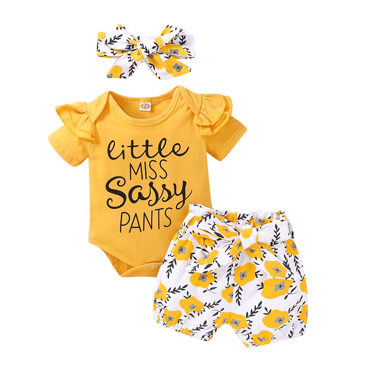 Newborn Baby Girls Outfit Letter Print Short Sleeve Bodysuit + Floral Shorts + Headband