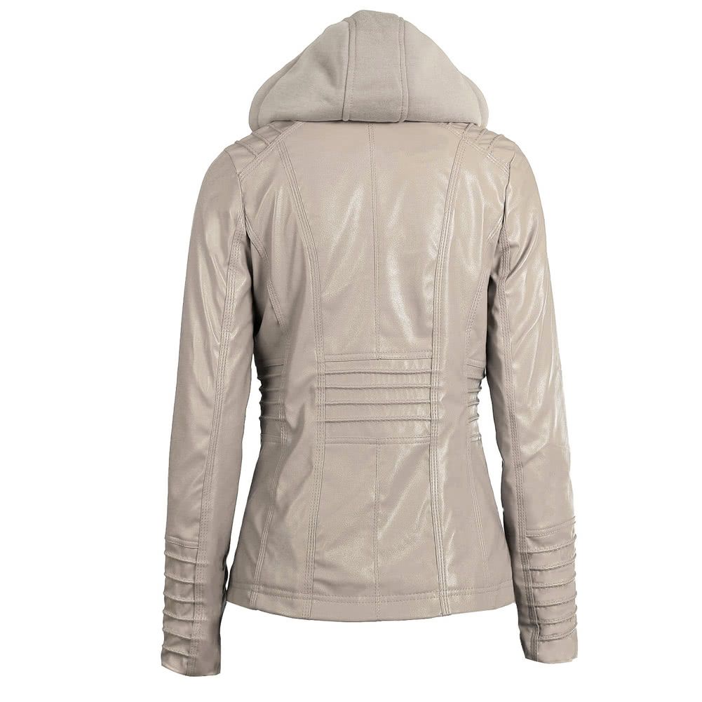 Women's Faux Leather Hooded Jacket Zippered Hoodie Short Slim Motorcycle Jacket Coat-beige
