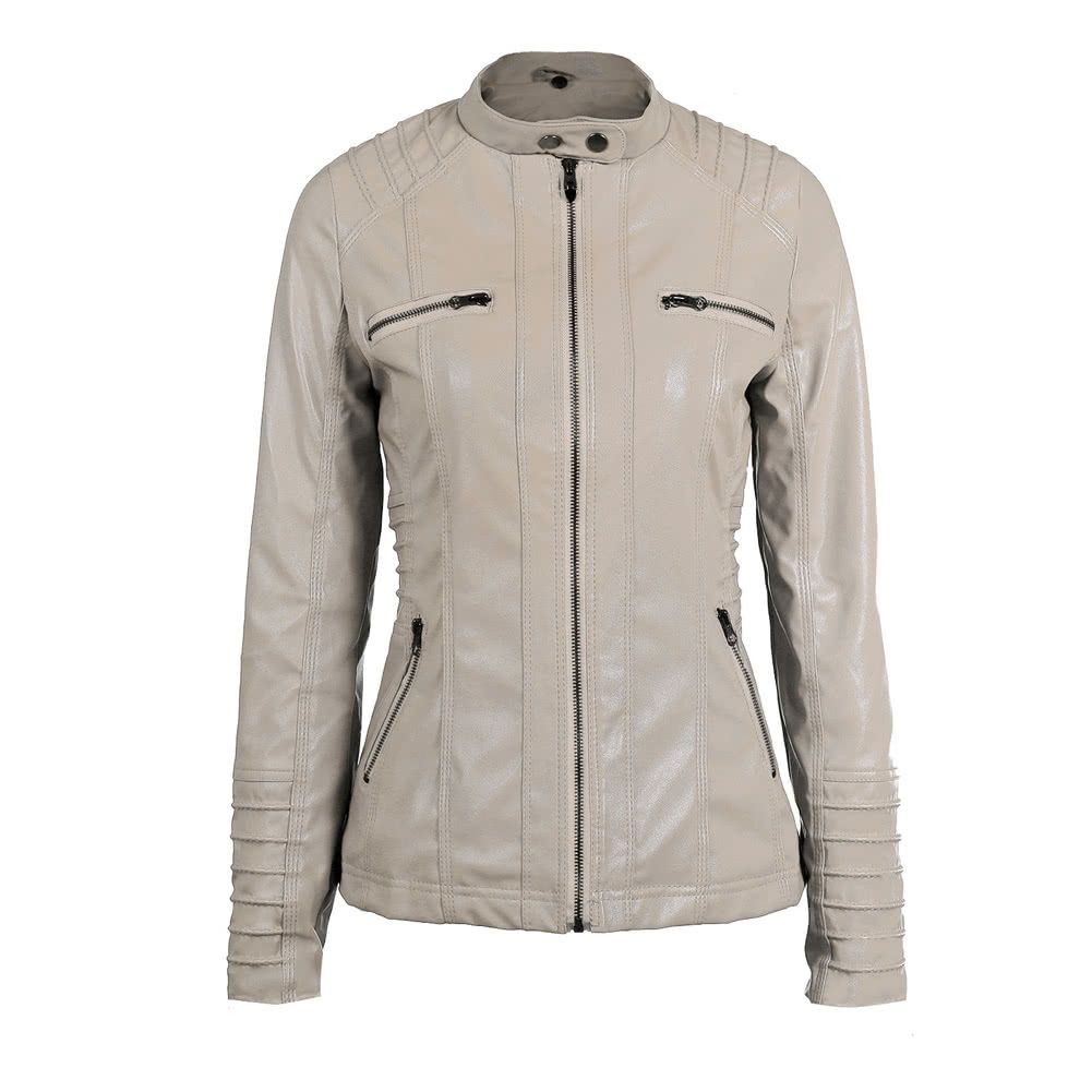 Women's Faux Leather Hooded Jacket Zippered Hoodie Short Slim Motorcycle Jacket Coat-beige