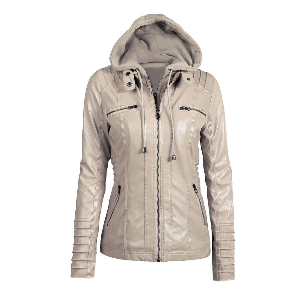 Women's Faux Leather Hooded Jacket Zippered Hoodie Short Slim Motorcycle Jacket Coat-beige