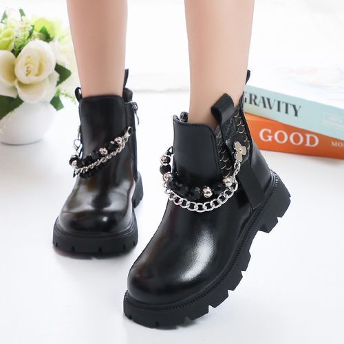 Girls' Non-slip Leather Martin Boots Casual Performance Shoes-Black