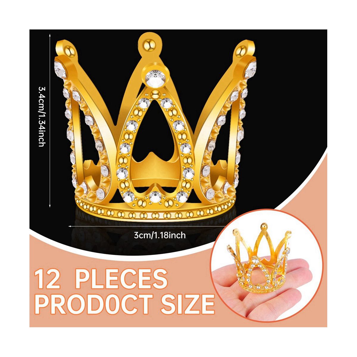 12 PCS Mini Crown Cake Topper,Gold & Silver Rhinestone
