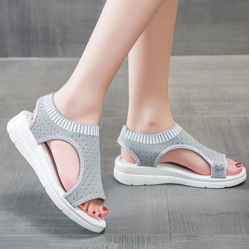 Ladies Fashion Sandals Wedge Heels Large Size Flat Sandals And Slippers-Light Gray