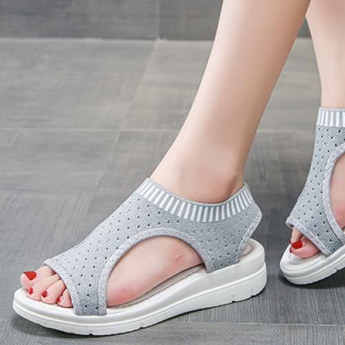 Ladies Fashion Sandals Wedge Heels Large Size Flat Sandals And Slippers-Light Gray