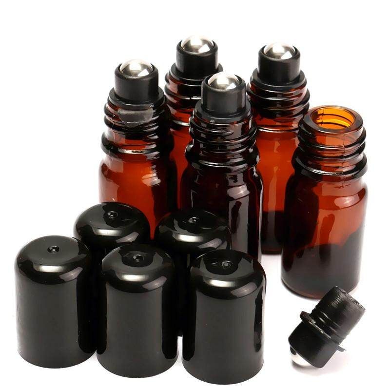 10Pcs 5ml Roll On Glass Amber Bottle Essential Oil Metal Roller Ball