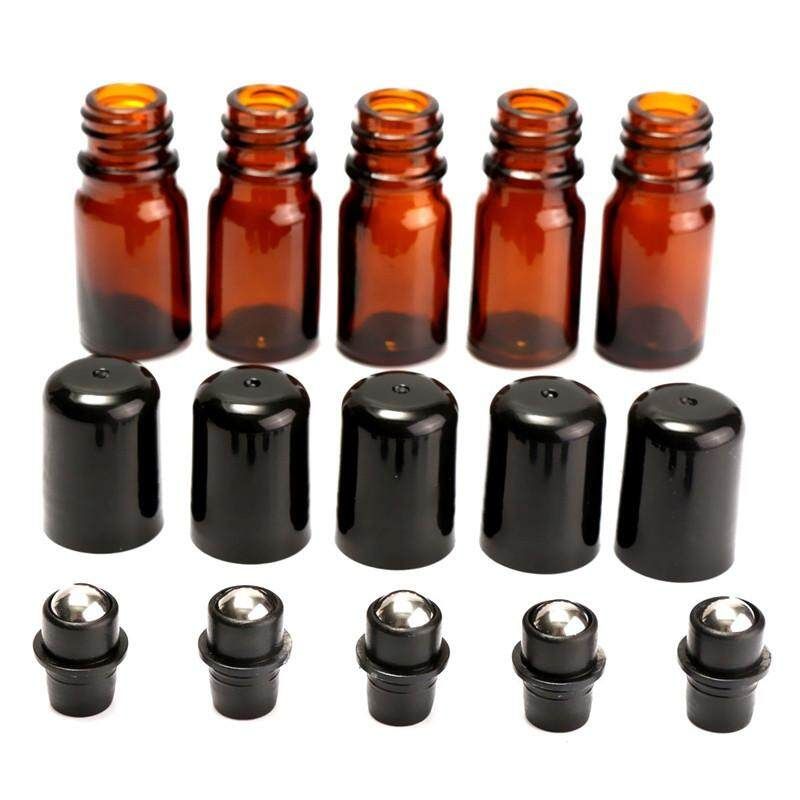 10Pcs 5ml Roll On Glass Amber Bottle Essential Oil Metal Roller Ball