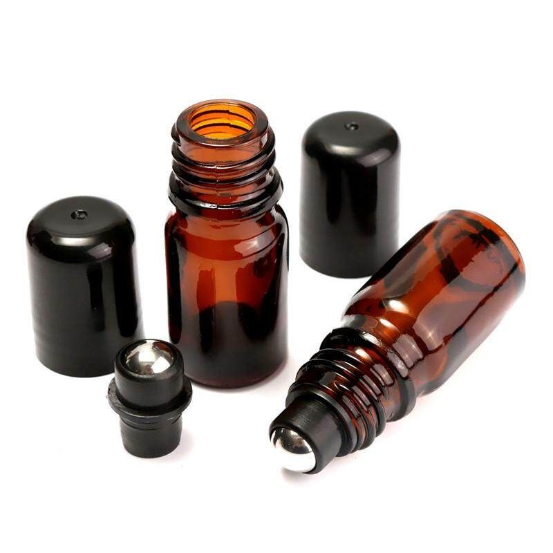 10Pcs 5ml Roll On Glass Amber Bottle Essential Oil Metal Roller Ball