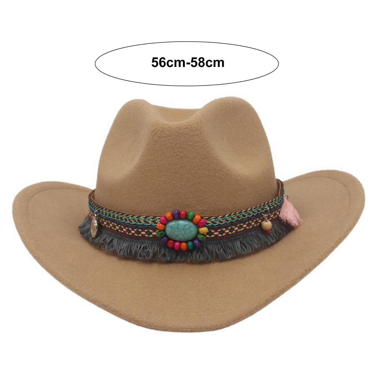 Cowboy Hat Ethnic Style Beaded Fedora Hat Woolen Top Hat for Men Women Camel