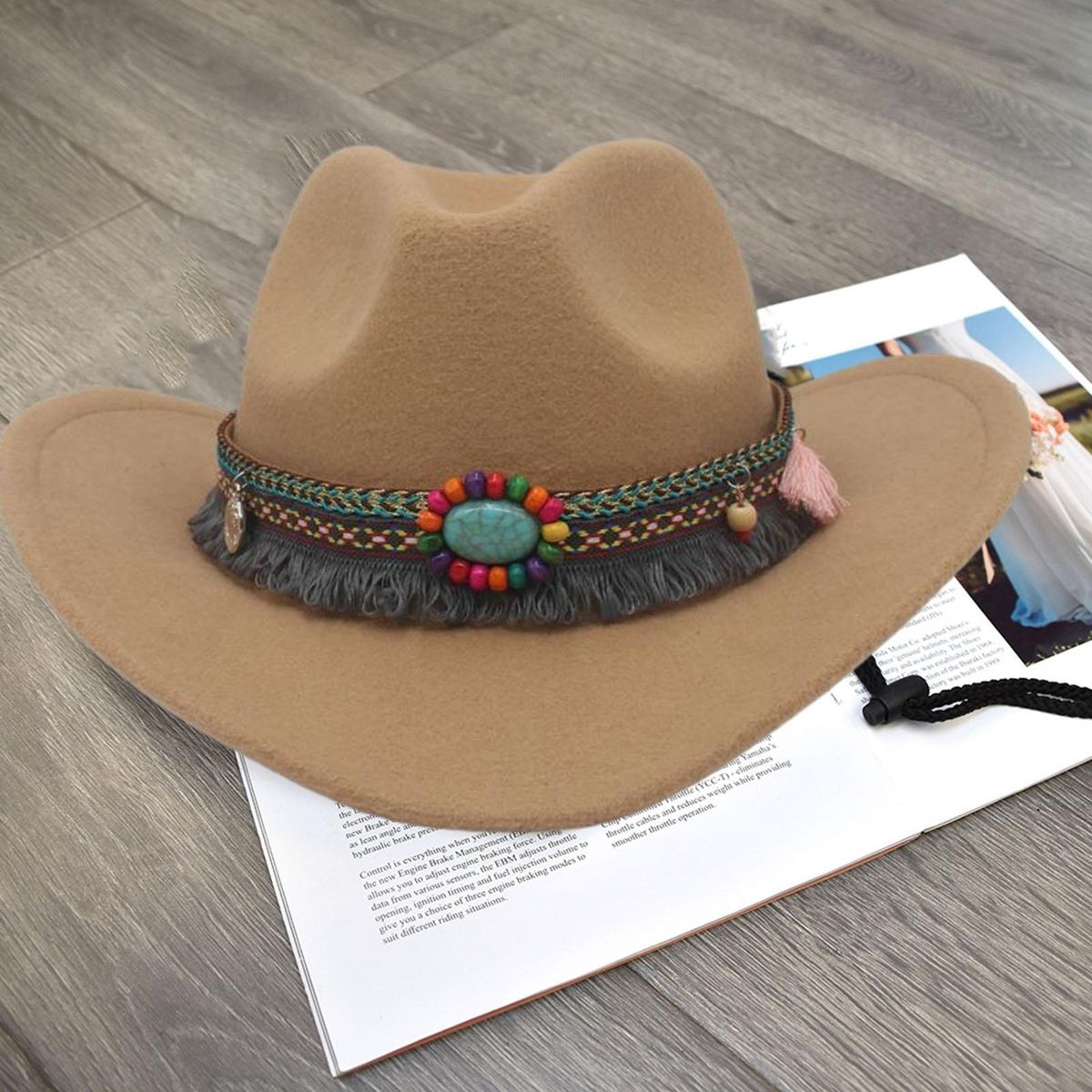 Cowboy Hat Ethnic Style Beaded Fedora Hat Woolen Top Hat for Men Women Camel
