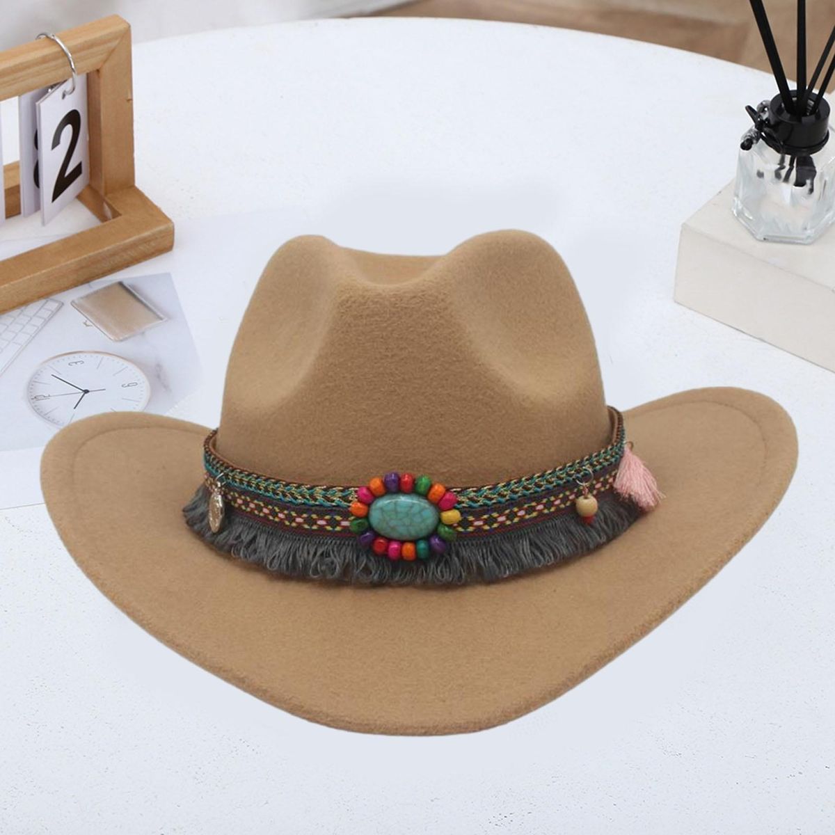 Cowboy Hat Ethnic Style Beaded Fedora Hat Woolen Top Hat for Men Women Camel