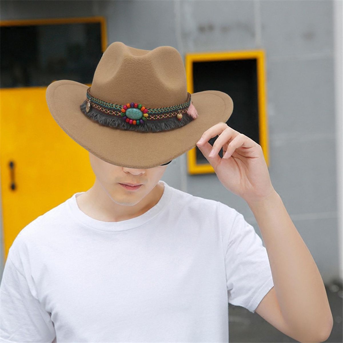 Cowboy Hat Ethnic Style Beaded Fedora Hat Woolen Top Hat for Men Women Camel