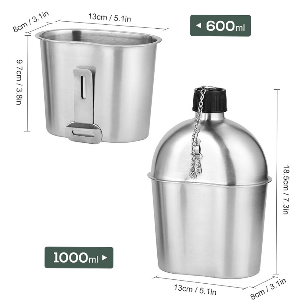 2pcs 1000ml 600ml Stainless Steel Military Canteen Cup Set