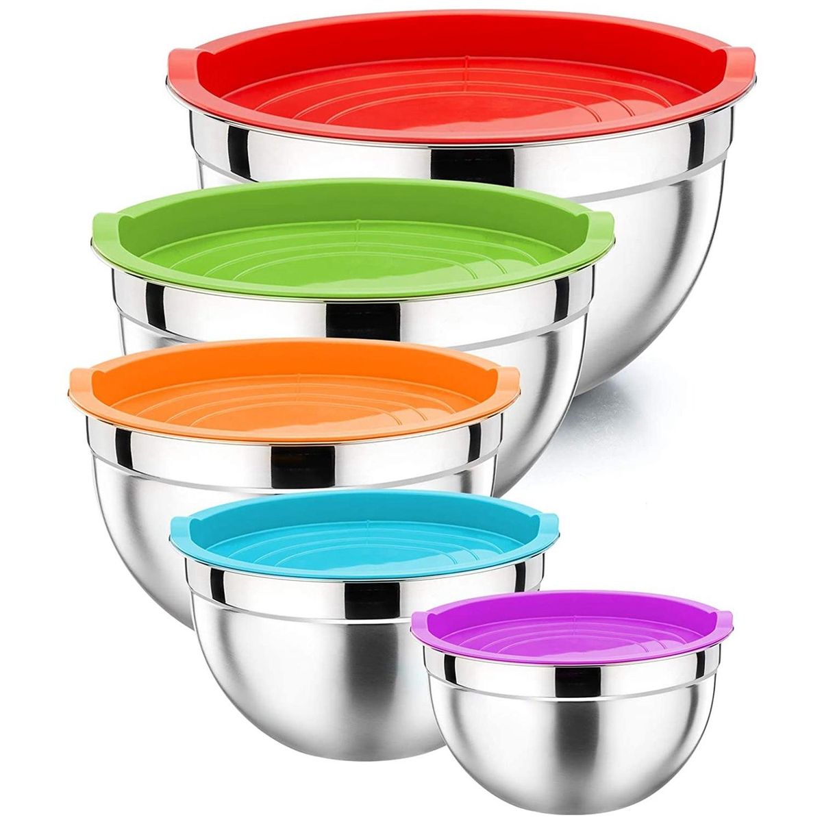Multicolor Mixing Bowl with Lid Set of 5, Stainless Steel Nesting Salad Bowl Set for Prepping, Mixing and Serving