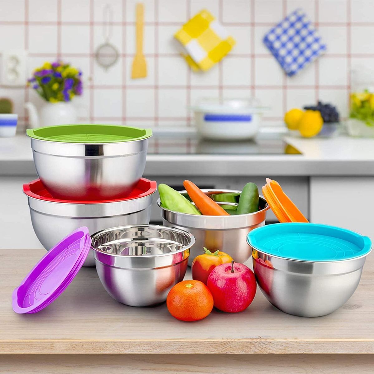 Multicolor Mixing Bowl with Lid Set of 5, Stainless Steel Nesting Salad Bowl Set for Prepping, Mixing and Serving