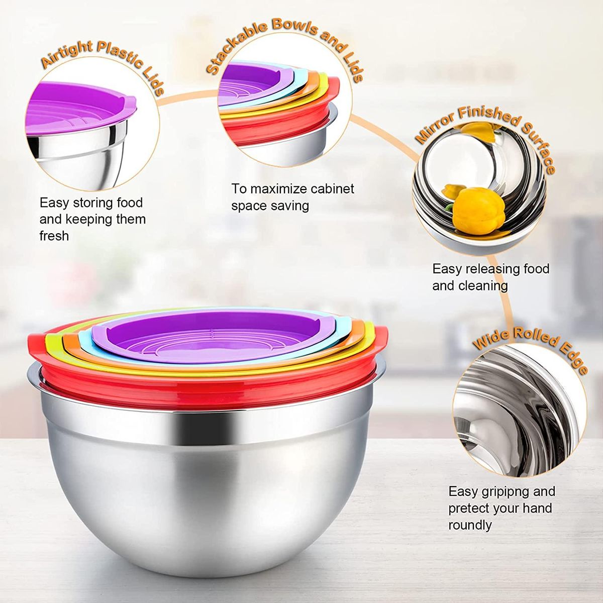 Multicolor Mixing Bowl with Lid Set of 5, Stainless Steel Nesting Salad Bowl Set for Prepping, Mixing and Serving