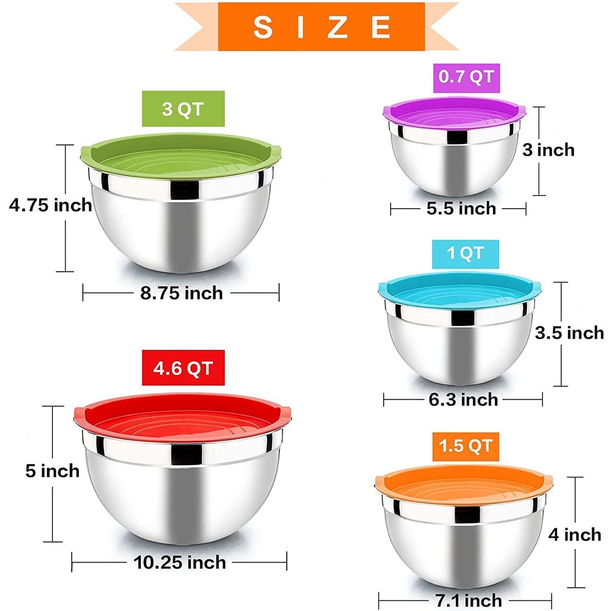 Multicolor Mixing Bowl with Lid Set of 5, Stainless Steel Nesting Salad Bowl Set for Prepping, Mixing and Serving