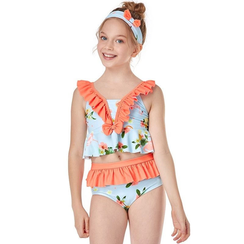 Small Flounce Print Swimwear + Swimming Trunks Baby Girls Split Swimsuit Set (Orange Size:152)
