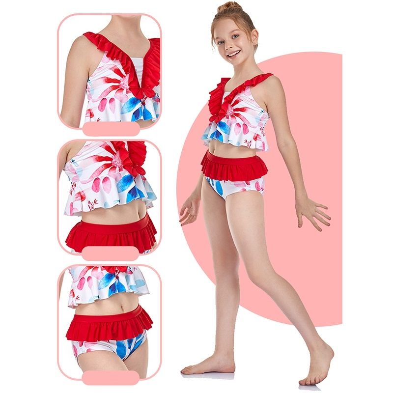 Small Flounce Print Swimwear + Swimming Trunks Baby Girls Split Swimsuit Set (Orange Size:152)