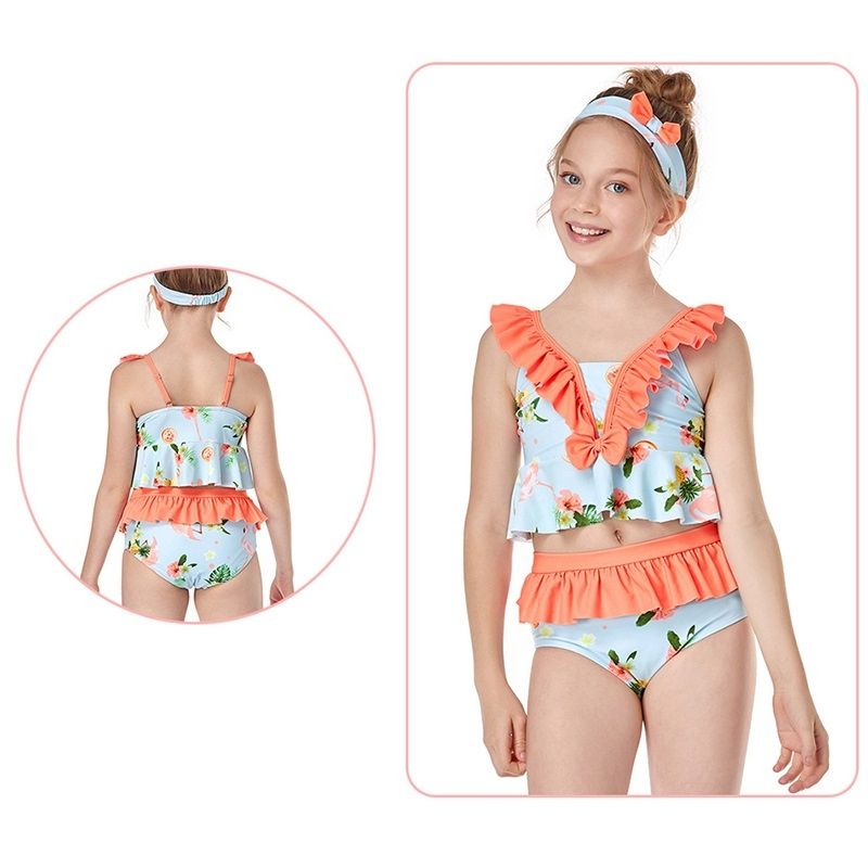 Small Flounce Print Swimwear + Swimming Trunks Baby Girls Split Swimsuit Set (Orange Size:152)