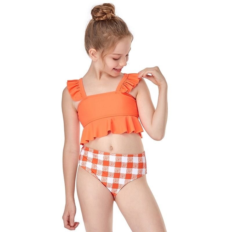 Small Flounce Swimwear + Plaid Swim Shorts Baby Girls Split Swimsuit Set (Orange Size:116)