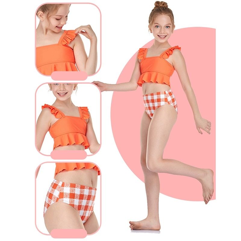Small Flounce Swimwear + Plaid Swim Shorts Baby Girls Split Swimsuit Set (Orange Size:116)
