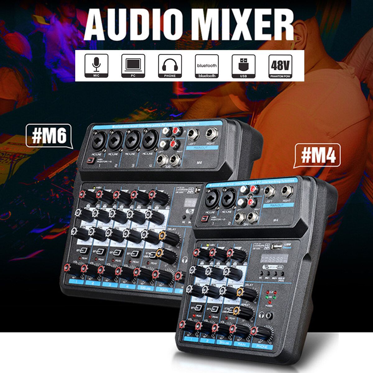 M4 / M6 Bluetooth DJ Mic Audio Mixer Contrl Digital Display Music Stream M6