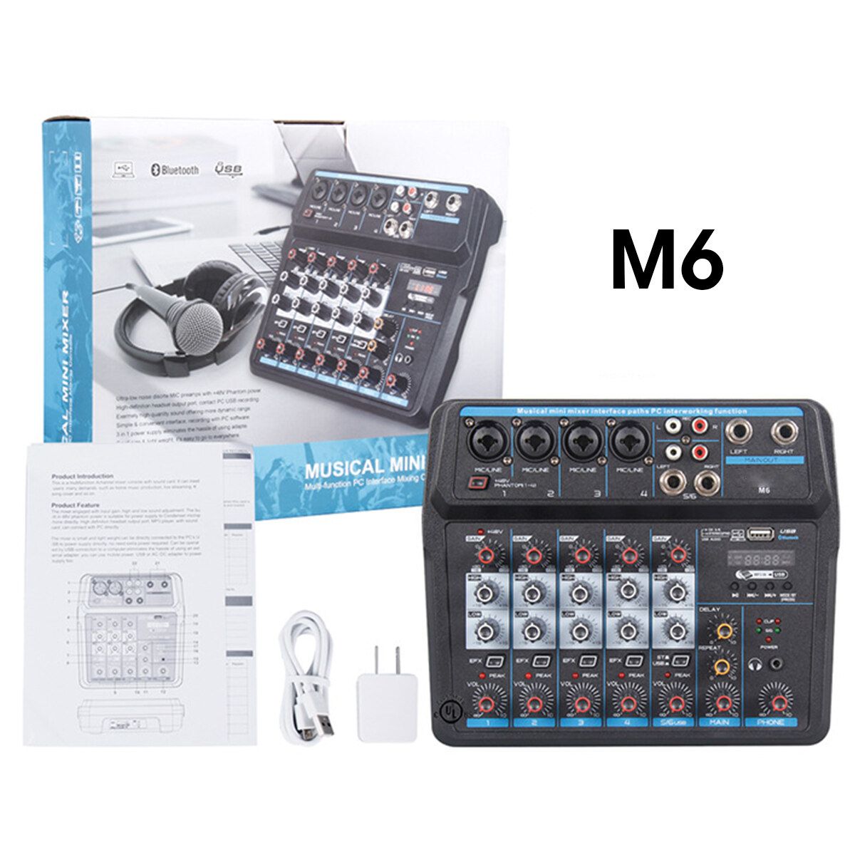 M4 / M6 Bluetooth DJ Mic Audio Mixer Contrl Digital Display Music Stream M6