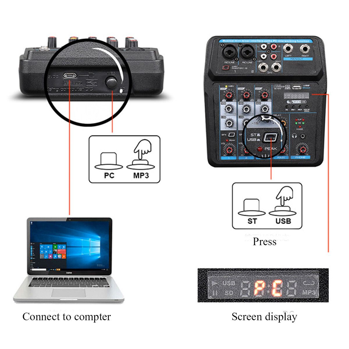 M4 / M6 Bluetooth DJ Mic Audio Mixer Contrl Digital Display Music Stream M6