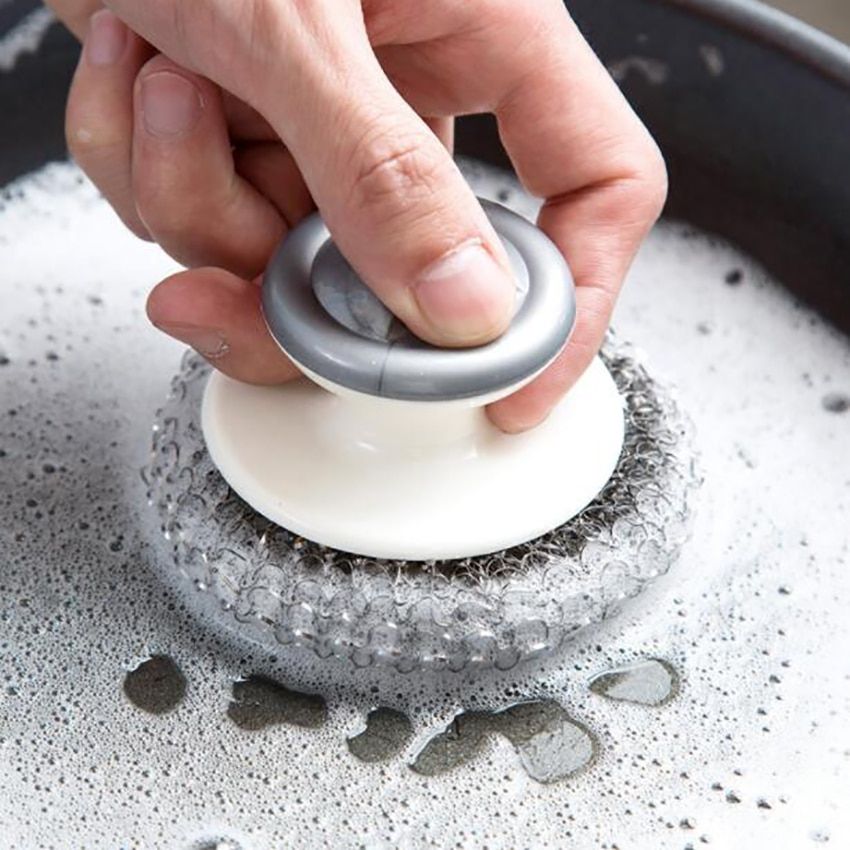 Stainless Steel Scourers With Plastic Handle, Steel Wool Scrubber Pad Kitchen Bathroom Cleaning Brush For Dishes Pots Pans