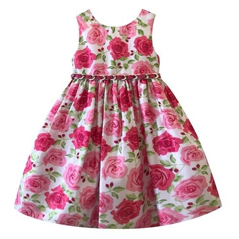 Girls Matte Shantung Rose Weave Jewel Sash Dress- Pink Lemon