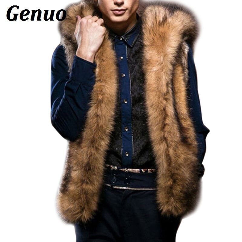 Winter Men Males Fur Vest Hoodie Hooded Thick Fur Warm Waistcoat Jacket