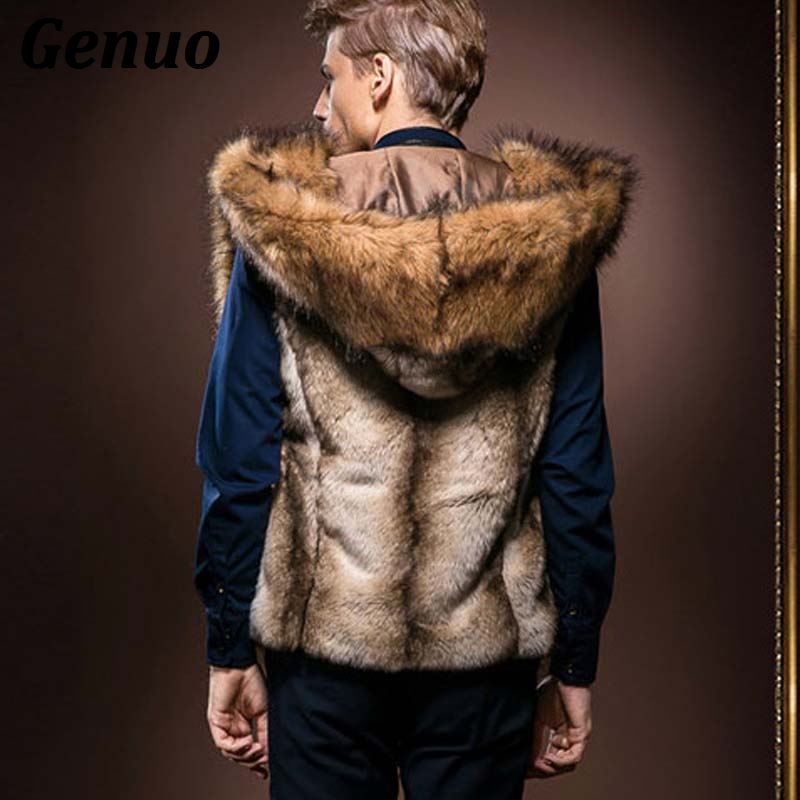 Winter Men Males Fur Vest Hoodie Hooded Thick Fur Warm Waistcoat Jacket