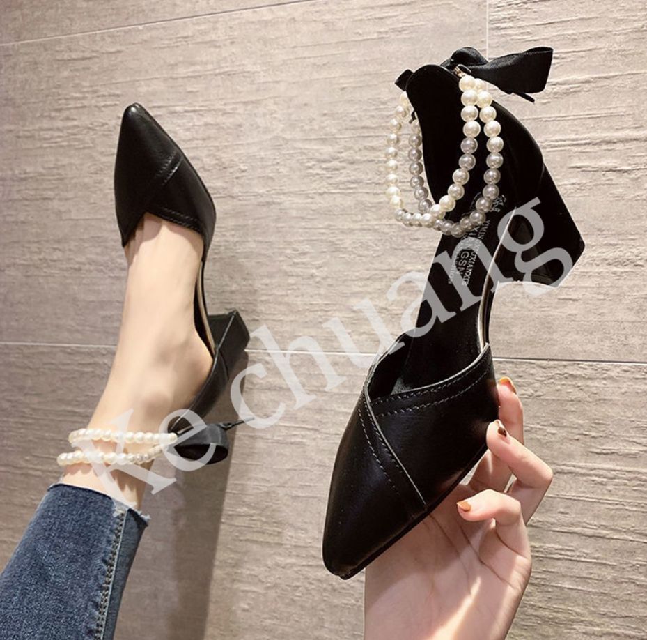 Ladies Fashion Pearl High Heels (5cm)-Black