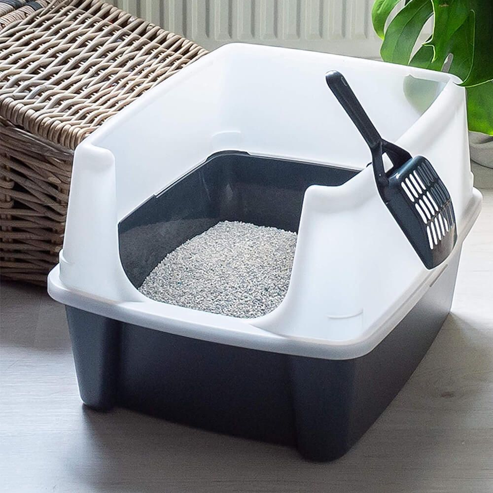Cat Litter Box With Scoop And Raised Removable Rim - Grey