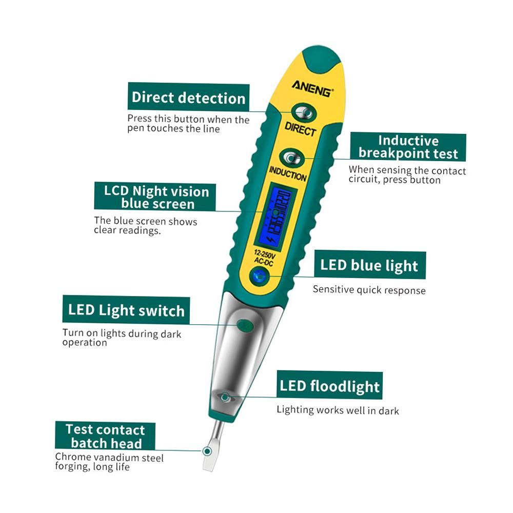 ANENG Testing Pen VD700 AC/DC 12-250V LCD Digital Display Voltage Test Pen Voltage Tester Electric Screwdriver Pen Multifunctional Voltage Detector Pen with LED Auxiliary Lighting
