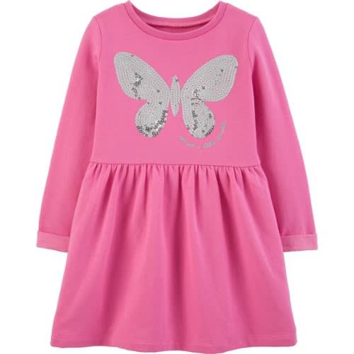 Baby Girl Sequin Butterfly Fleece Dress- Pink