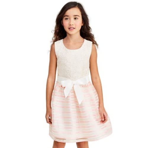 Girls Sleeveless Metallic Striped Knit Organza Dress