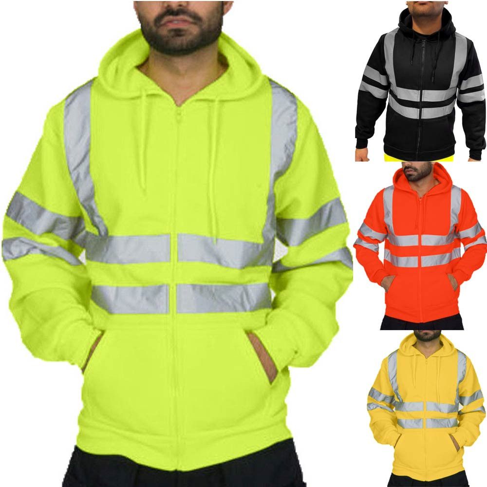 Mens Sweatshirt Biker High Visibility Reflective Jersey Casual Long-sleeved Hooded Zip