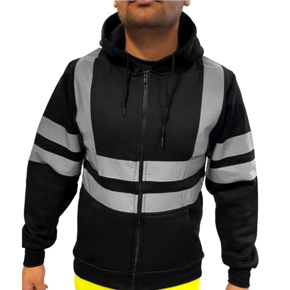 Mens Sweatshirt Biker High Visibility Reflective Jersey Casual Long-sleeved Hooded Zip